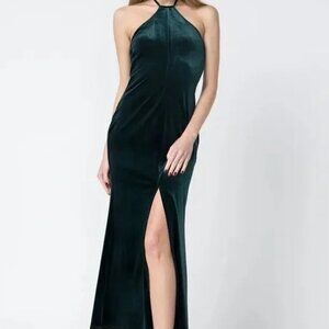 FORE velvet emerald green halter dress with front slit